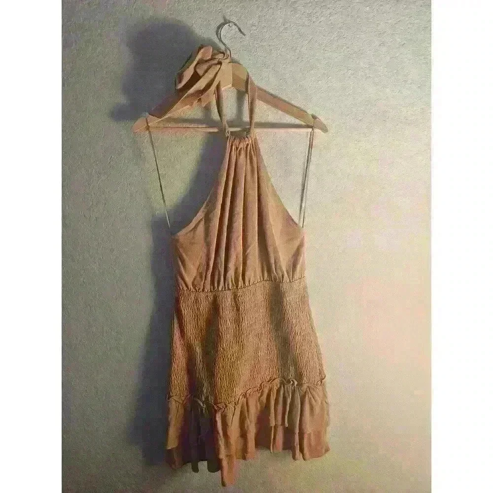 HALTER MINI DRESS WITH SMOCKED SKIRT - Picture 3 of 5